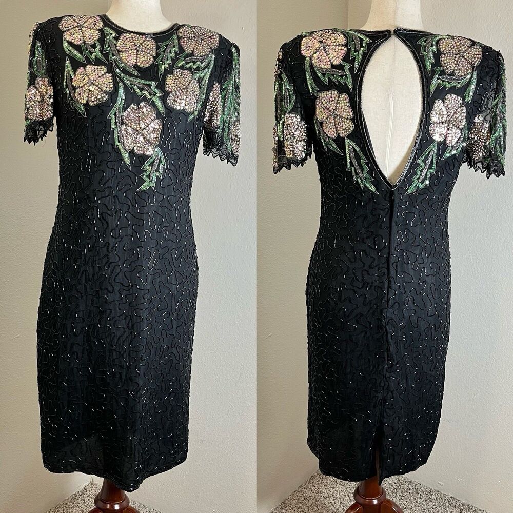 VTG Scala Dress Women's L Black Beaded Sequined Prom Party Evening Wear Foral